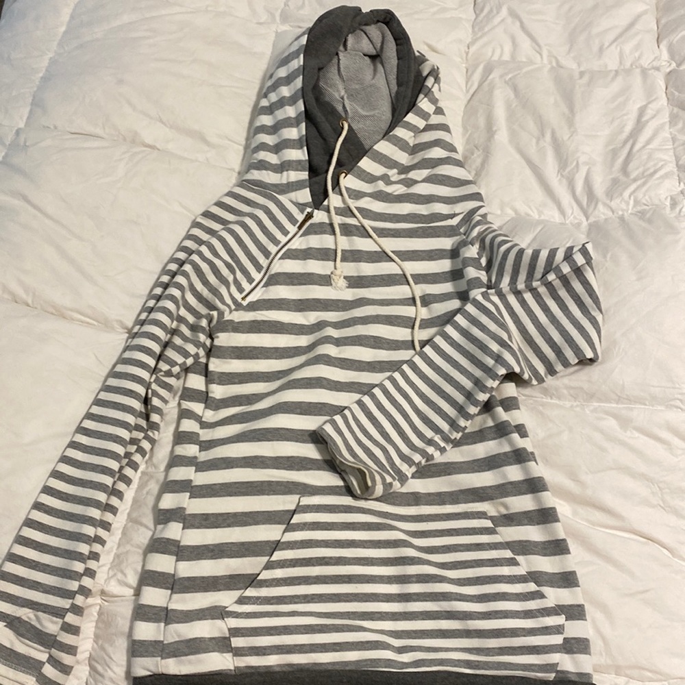 Gray and white striped hoodie